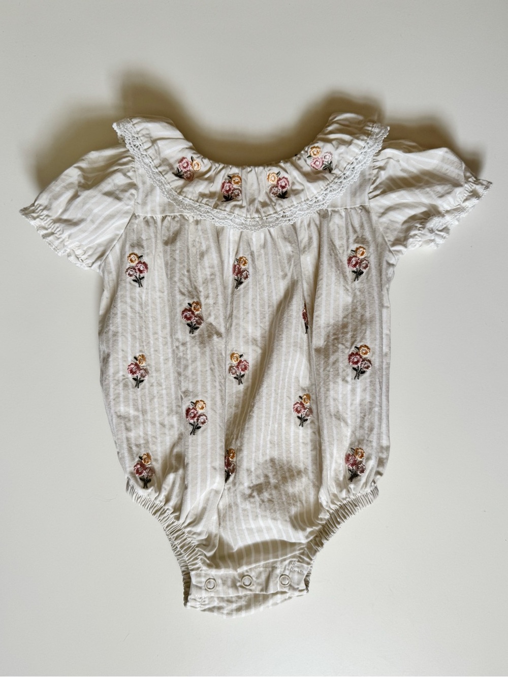0-3 month • chickpea cotton stripe romper • baby girl floral embroidery lace